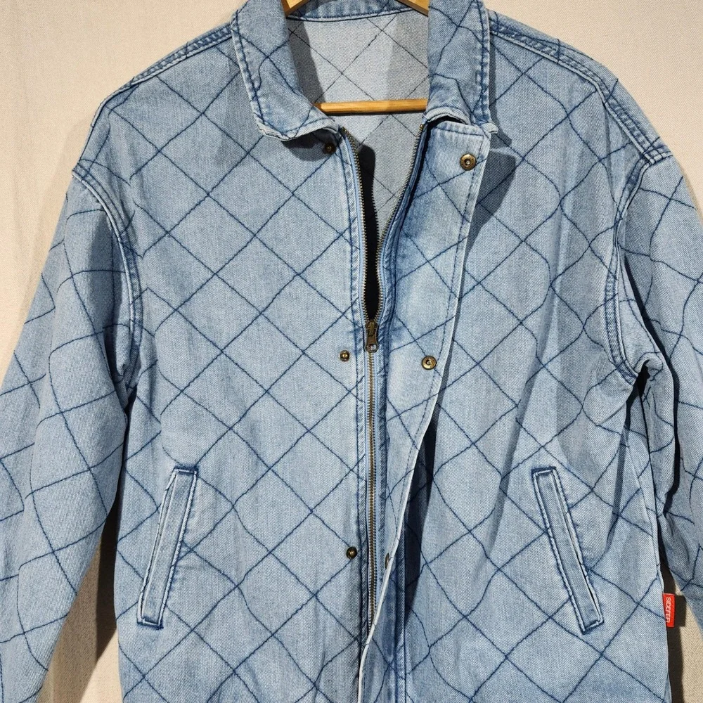 Sidefeel Womens Light Wash Quilted Diamond Denim Bomber Jacket Blue Size L Fall